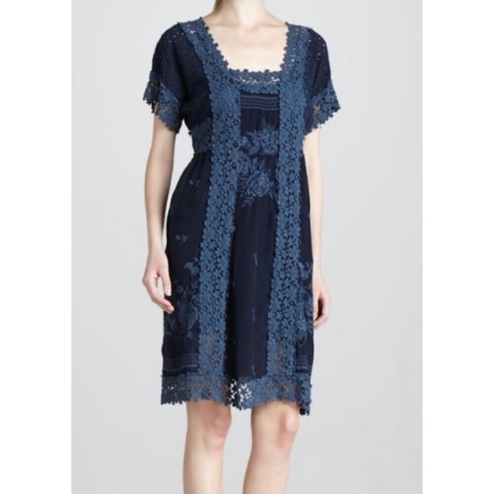 New Johnny Was Rose Garden Dress Womens XL Navy Blue Embroidered Rayon